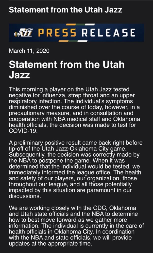 coronavirus covid 19 utah jazz statement