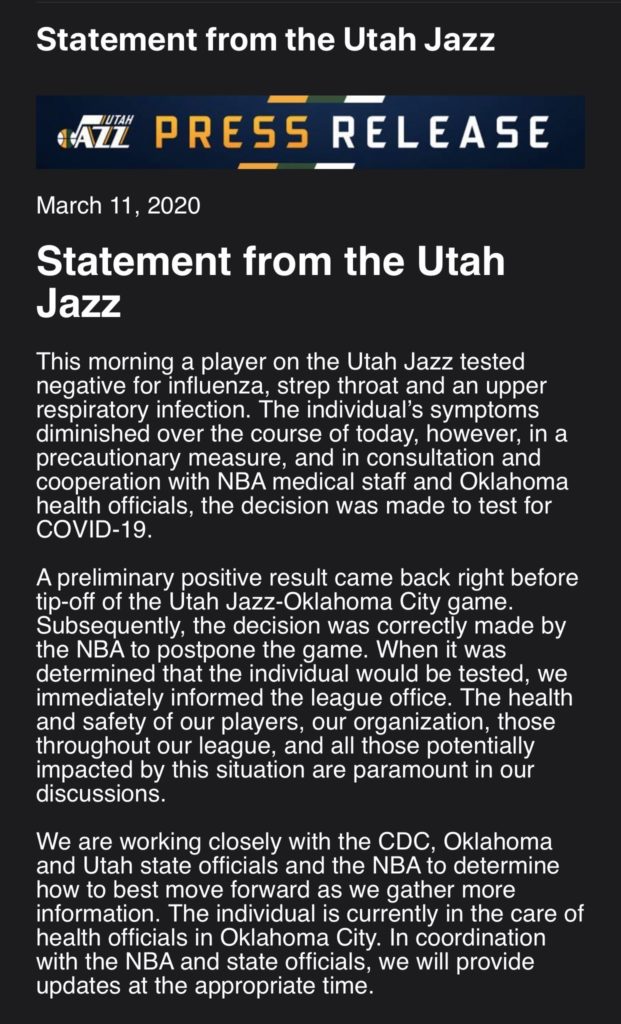 coronavirus covid 19 utah jazz statement