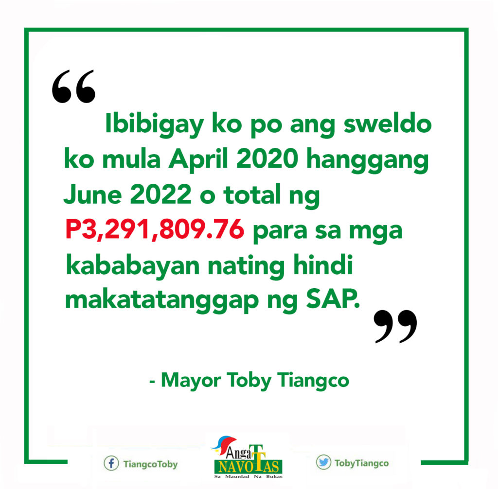 navotas mayor toby tiangco donate salary