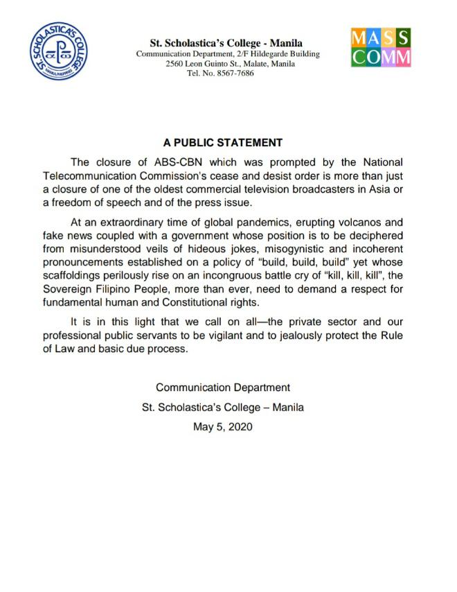 st scholastica manila statement abscbn