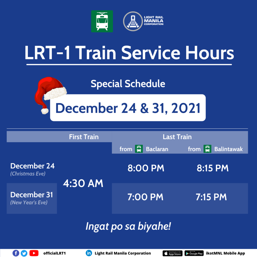 Media Advisory LRMC announces special LRT 1 schedule for Dec 24 31 photo