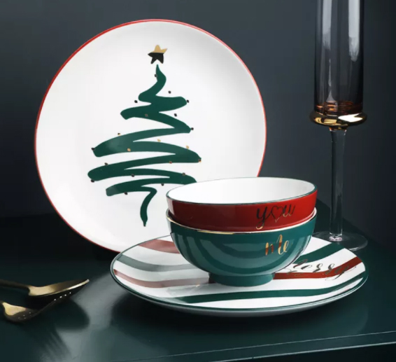 Set of 4 Salad Plates by Topco Ribbons & Trees Christmas Porcelain Tableware 