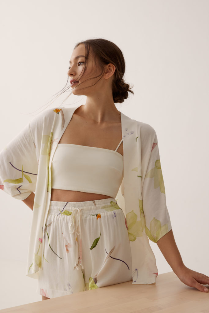 LB Loungewear Lennea Lounge Kimono and Verita Rayon Lounge Shorts in Renewed Blooms White