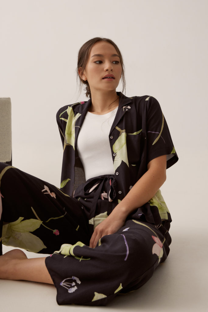 LB Loungewear Marleen Patch Pocket Lounge Shirt and Pelicia Elastic Lounge Pants in Renewed Blooms Black