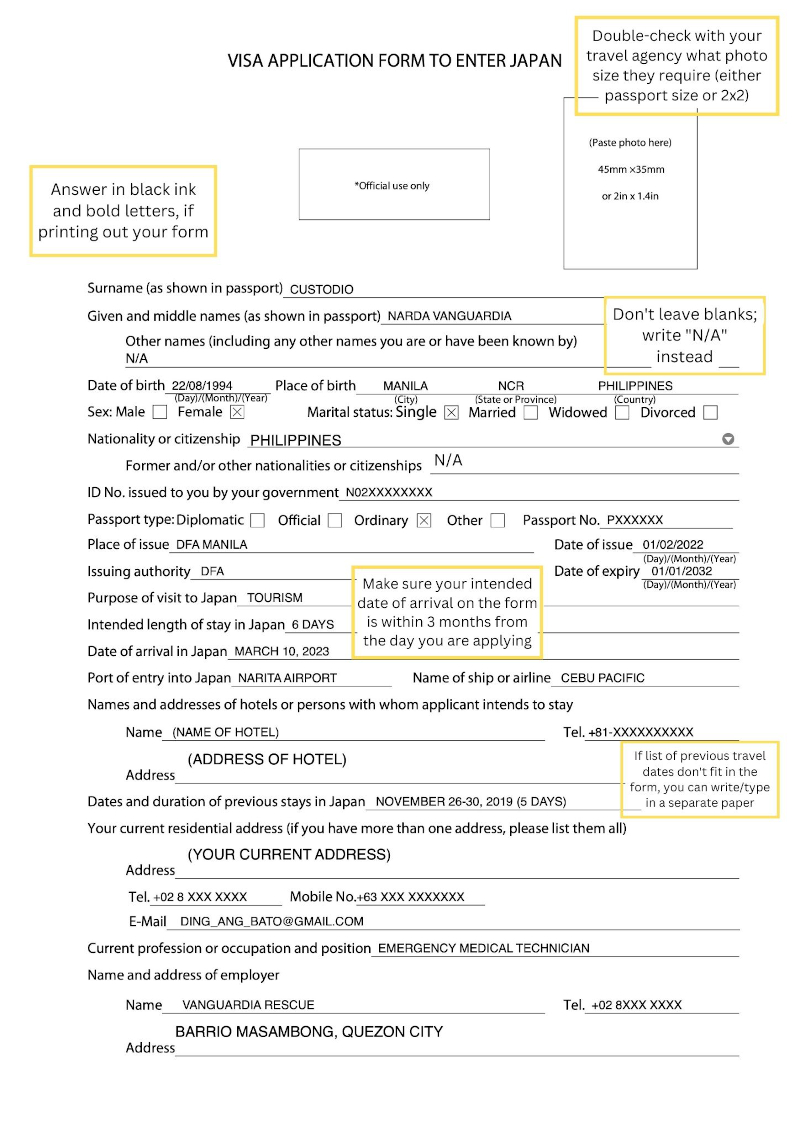 Japan Visa When In Manila Example page 1