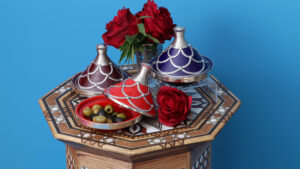 Small multi colored Tajines with Silver Inlay and Wooden table with MOP inlay