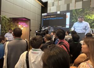 Assisted Reality (AR) at work at the Fujitsu Cafe. The text on the screen is what the user sees on their VR headset
