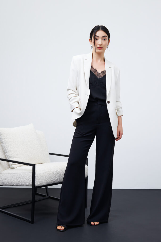 Lace Cut Out Camisole Top Black Yuna Tailored High Rise Pants from Signatures Black and Rachel Ruched Ready Blazer Ivory from Signatures