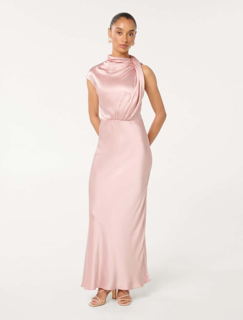 Sienna Petite High Neck Satin Midi Dress Blush