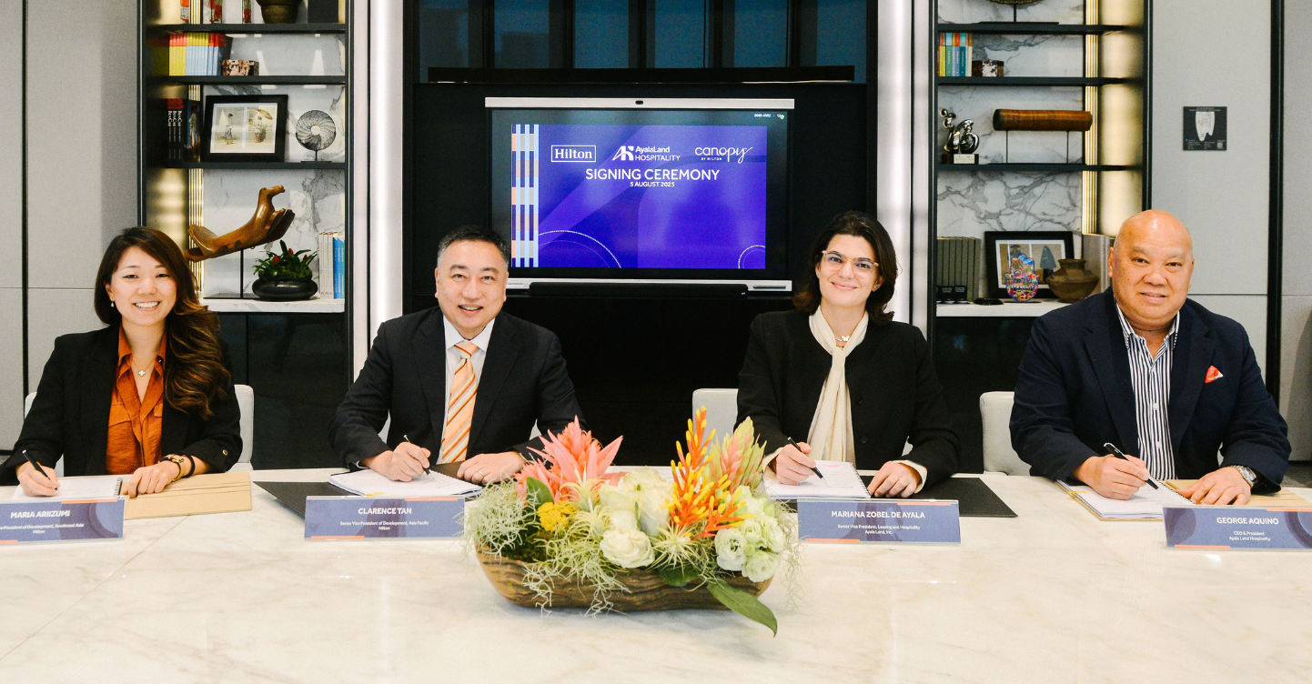 This Stylish Lifestyle Hotel is Set to Rise in Makati 1 Photo: (From L-R) Maria Ariizumi, vice president, Development, South East Asia, Hilton; Clarence Tan, senior vice president, Development, Asia Pacific; Mariana Zobel de Ayala – Senior Vice-President, Leasing and Hospitality Ayala Land, Inc.; and George Aquino – President and CEO, Ayala Land Hospitality