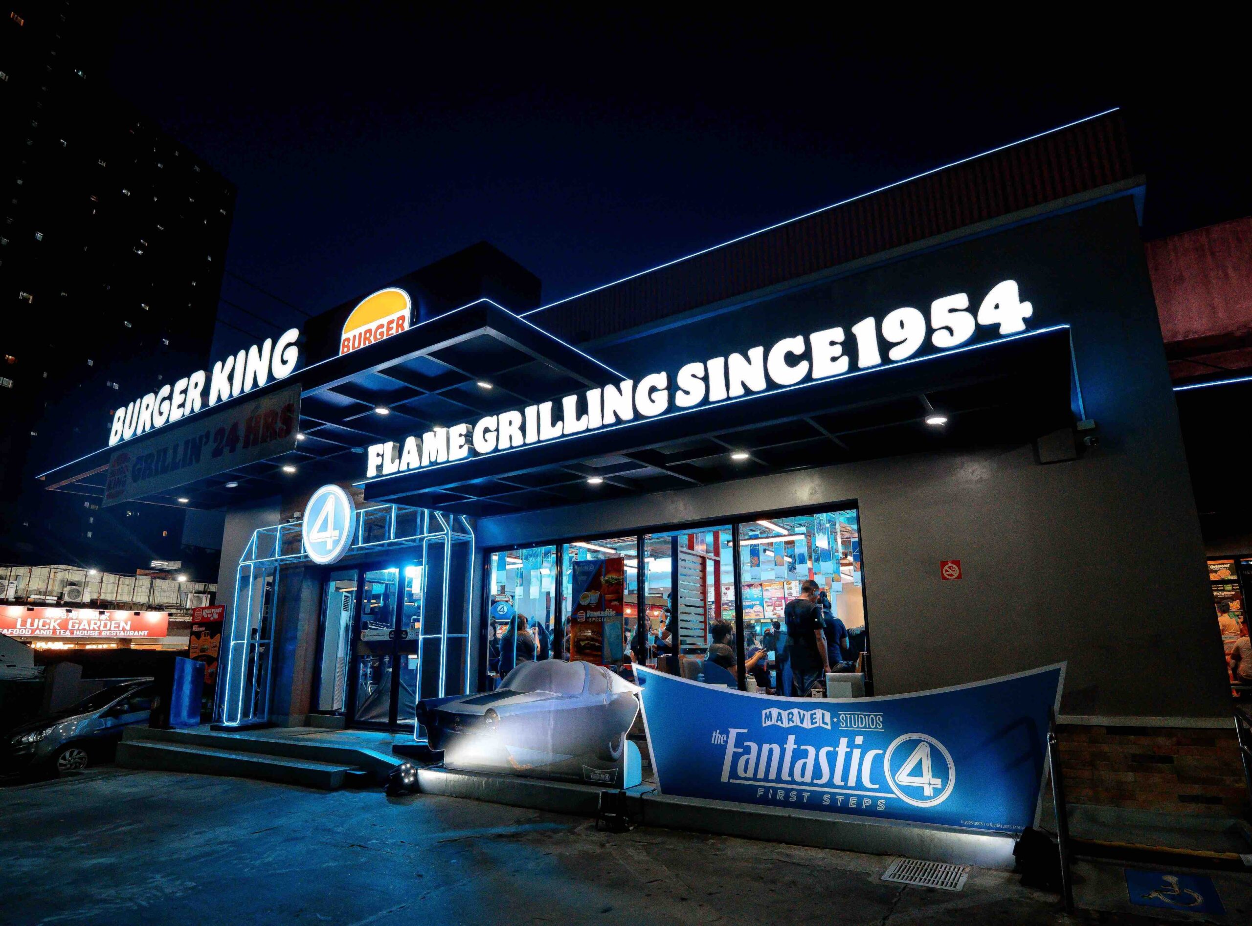 The Burger King Kanlaon (Welcome Rotonda) branch stands out with striking nighttime visuals, drawing attention with bold design elements that mark the launch of its Marvel Studio’s The Fantastic Four: First Steps-themed experiences