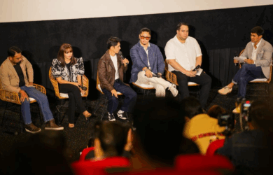 L–R: Ferlie de Pedro, Angelika Javier, Sid Lucero, Ryza Cenon, Carlo Aquino, Director Kevin Mayuga, Andre Del Rosario, host Matteo Guidicelli, Erik Chua, and Christopher Balagtas after the screening of Alon ng Kabayanihan