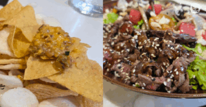 Krapow Sisig Nachos and Steak and Watermelon Salad Qui Pan-Asian Brasserie
