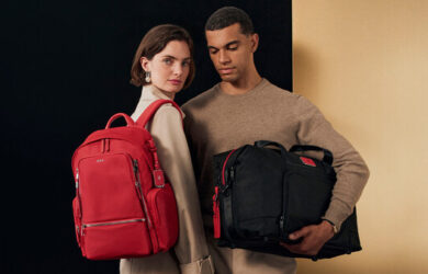 Voyageur Celina Backpack in TUMI Red, Alpha Double Expansion Travel Satchel in Red and Black Colorway