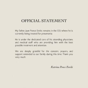 Jinggoy Estrada, Katrina Ponce Enrile Share Update on Juan Ponce Enrile’s Hospitalization 2 Katrina Ponce Enrile official statement