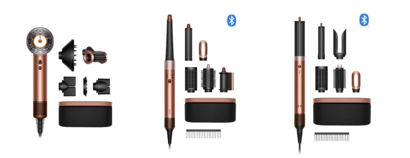[From L-R] Dyson Supersonic Nural™ hair dryer (Amber silk/ Pink champagne),Dyson Airwrap i.d.™ multi-styler and dryer (Amber silk/ Pink champagne), and Dyson Airwrap Co-anda2x™ multi-styler and dryer (Amber silk/ Pink champagne) (Photo: Dyson)