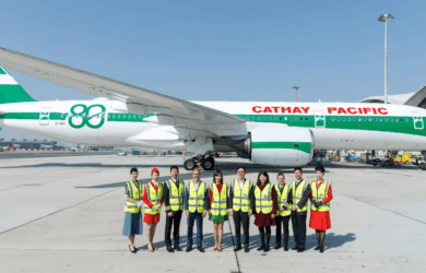 Cathay officially kicked off its “80 Years Together” anniversary celebrations at a special event, hosted by Cathay Group Chief Executive Officer Ronald Lam (fifth from right), Chief Customer and Commercial Officer Lavinia Lau (fifth from left), Chief Operations and Service Delivery Officer Alex McGowan (fourth from left), and Chief Financial Officer Rebecca Sharpe (fourth from right).