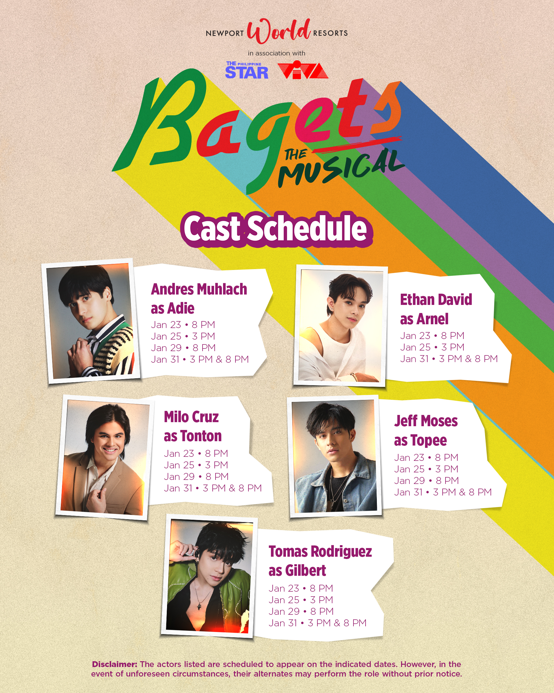 Watching Bagets The Musical? Here's The Cast Schedule for the Opening Week 3 Bagets The Musical 2026 at Newport World Resorts Cast Schedule 2