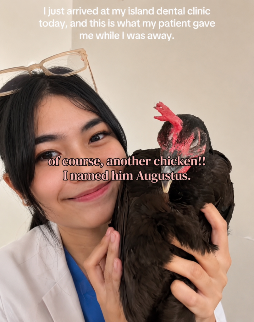 The Price of a Smile: How Student Dentists and Rural Clinics are Bridging the Philippines' Dental Care Gap 8 Dr. Jana Mahinay receives chicken as a toke of apprecaition from a patient