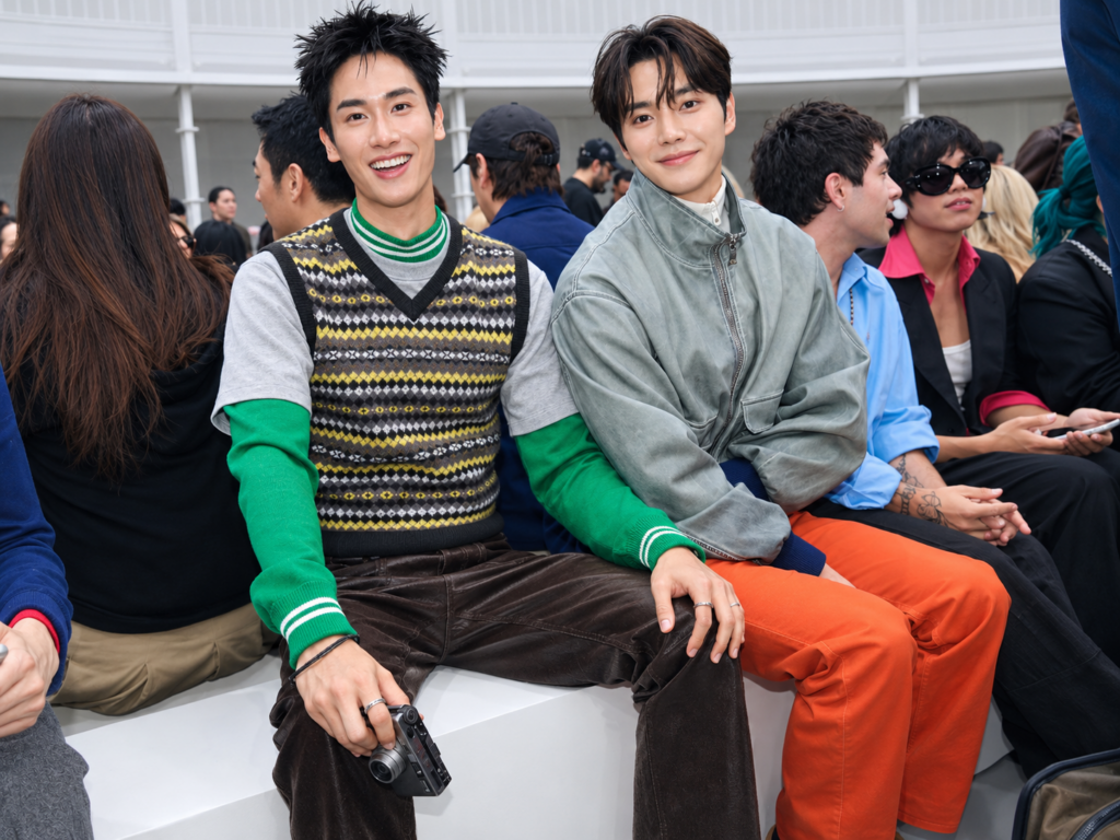 "Next Time, You Can Hit My Leg": Tay Tawan Reacts to Viral Front-Row Moment With Song Kang 1 Tay Tawan and Song Kang at Loewe fashion show